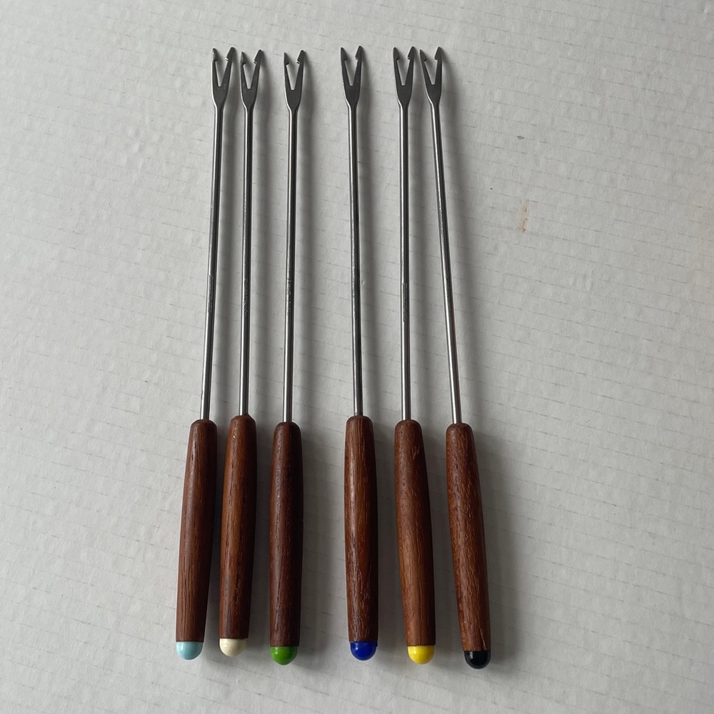 Vintage Fondue Skewer Colored Tips Fork MCM Wood Handle